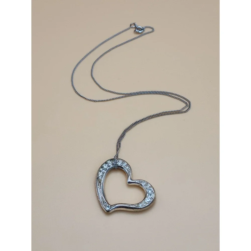 Tilted Heart Signed 925‎ Sterling Silver Plate With CZ Accents Necklace